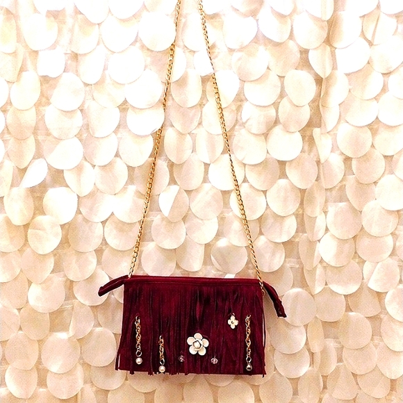 CROSSBODY Bag Purple Fringed Purse  Clutch Purse Bag BEAUTIFUL Camelia Roses - Picture 3 of 12